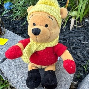 Vintage Winnie the Pooh Plush Toy in Red Sweater and Yellow Hat